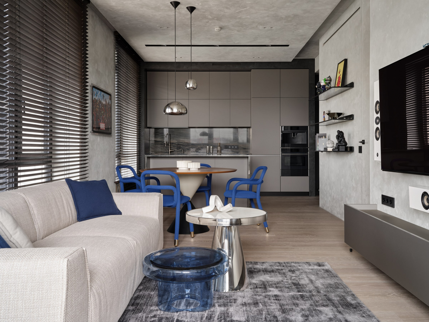 Кухня-гостиная с островом в двухкомнатной квартире