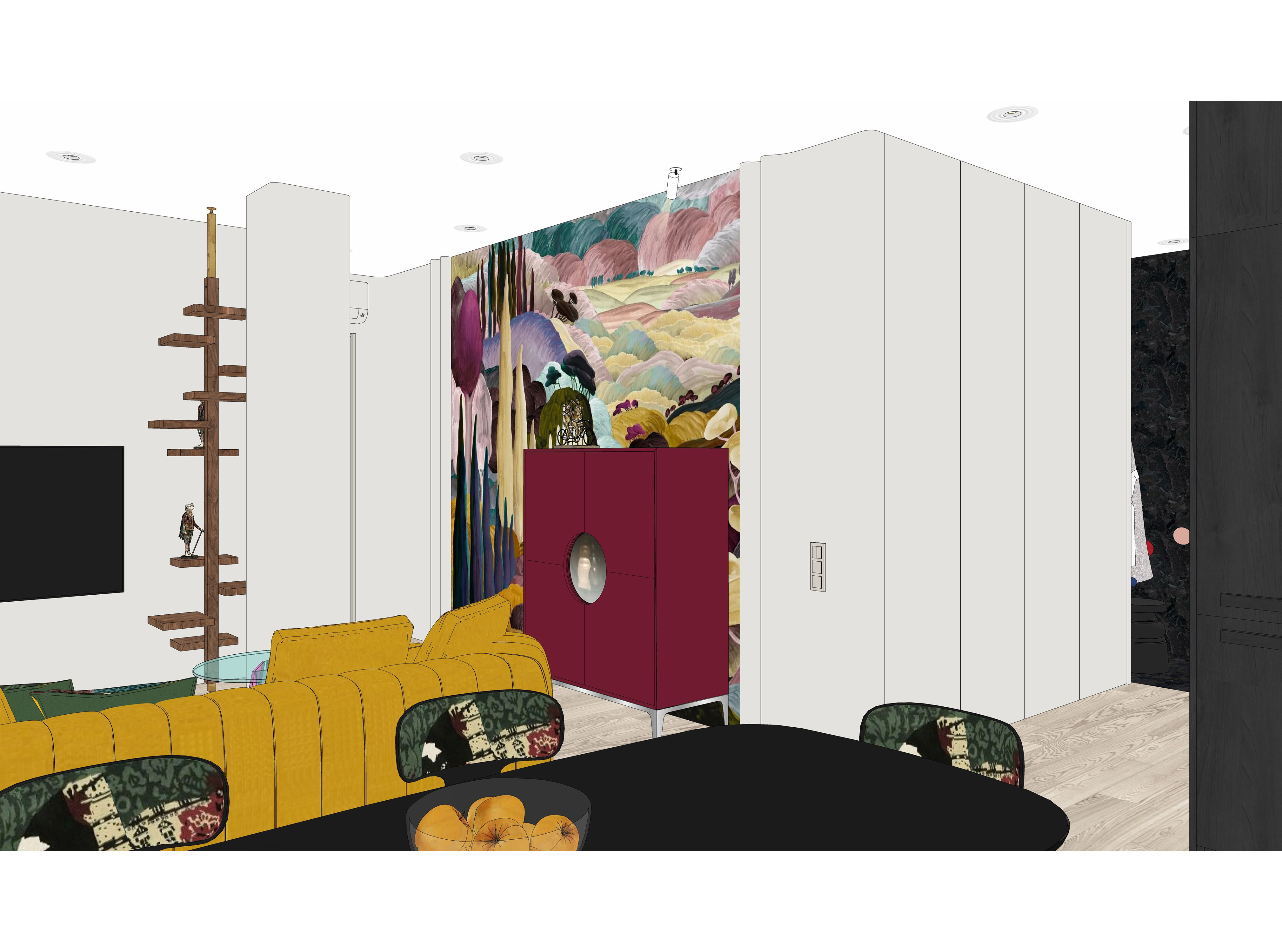 Проект кухни-гостиной с яркими цветами