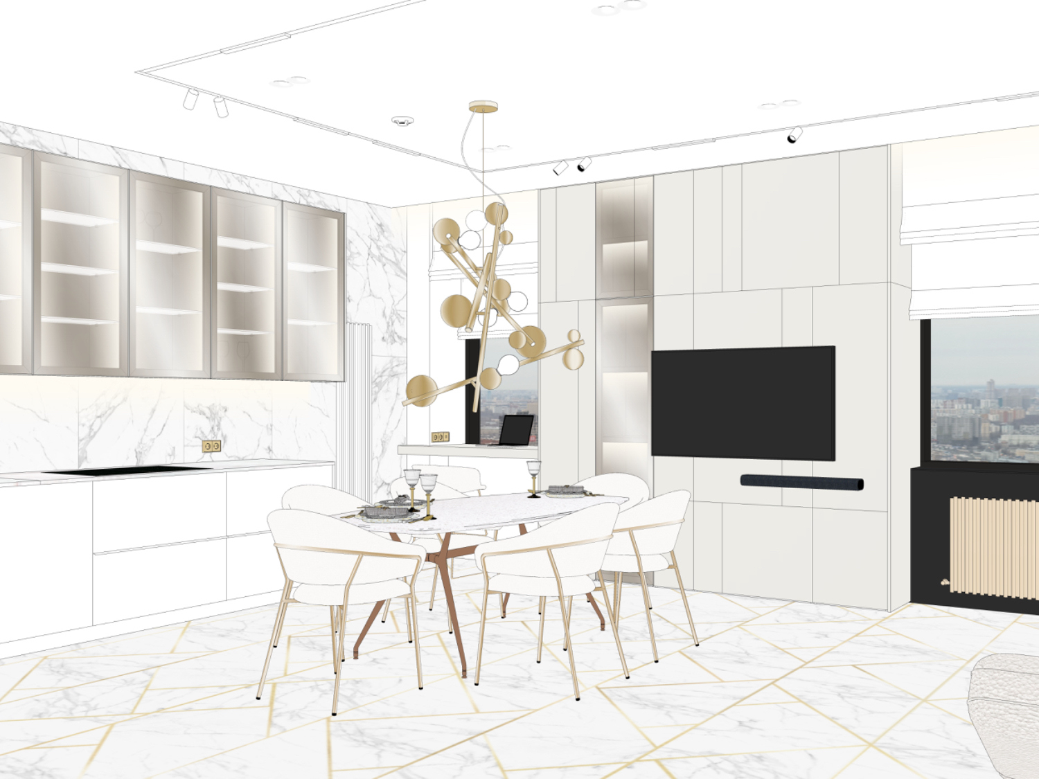 Белая кухня-гостиная