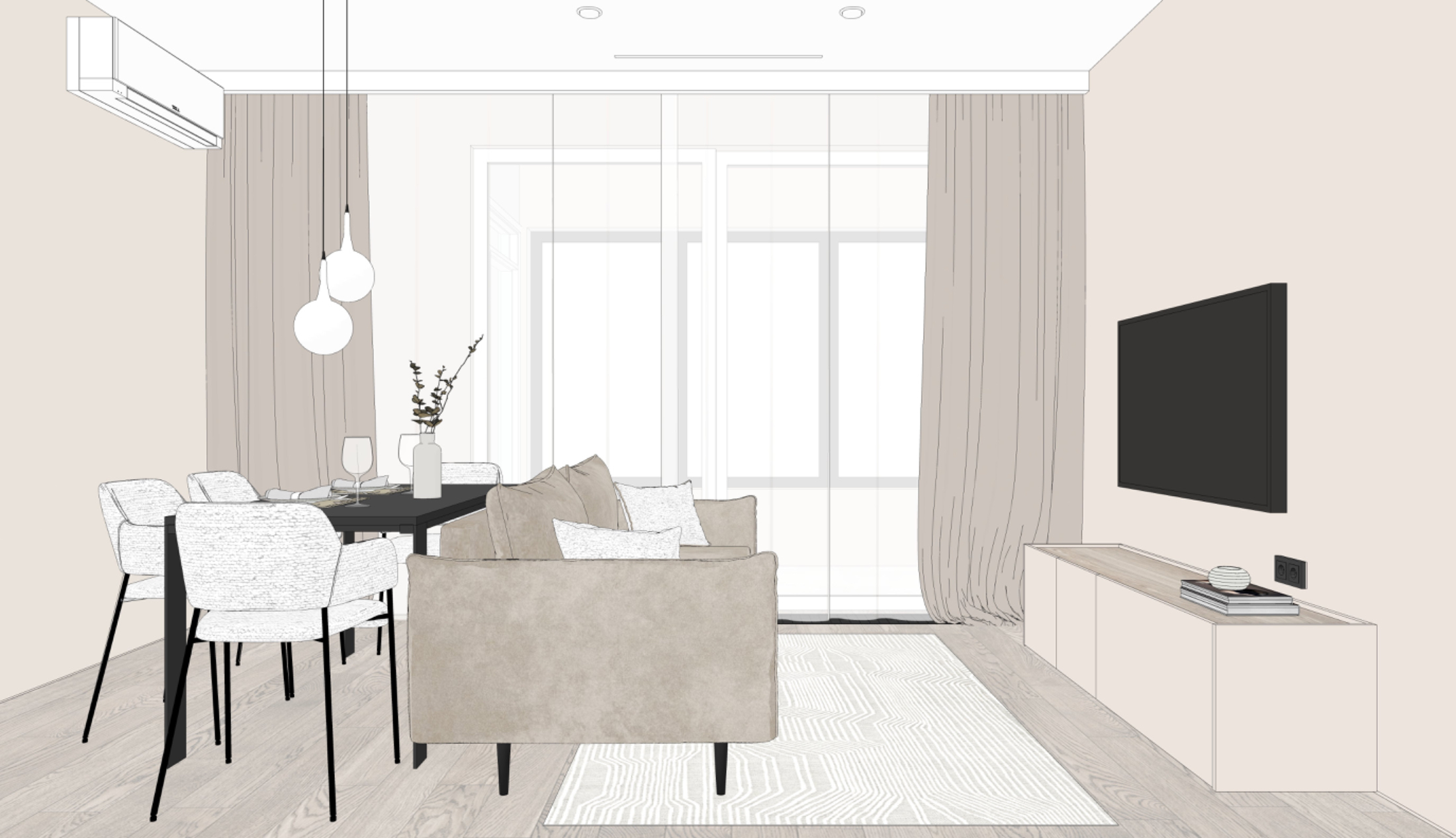 Проект бежевой кухни-гостиной