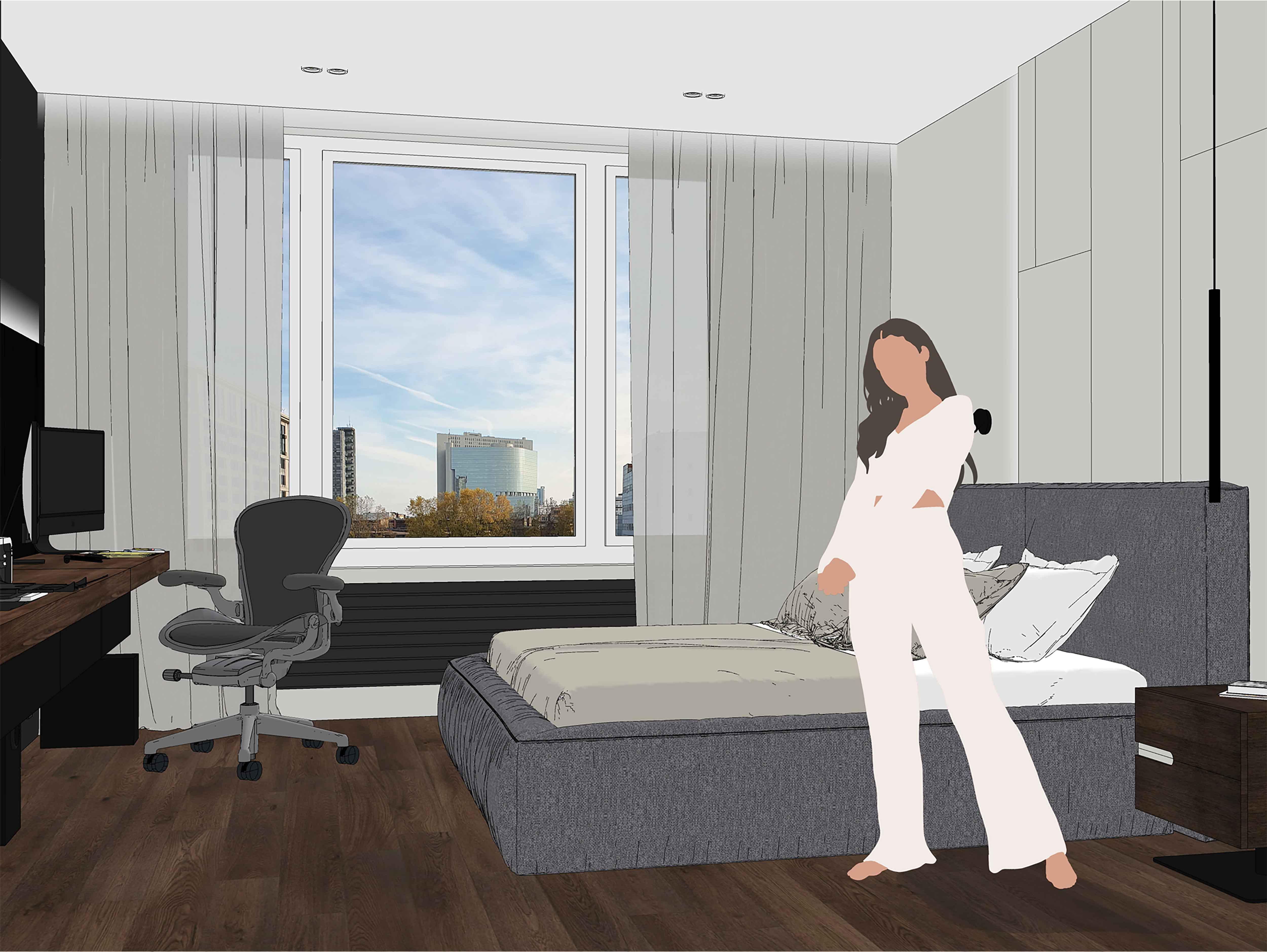 Спальня с рабочим столом в шпоне ясеня