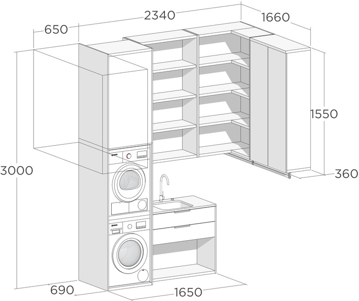 Схема мебели для прачечной с открытыми полками