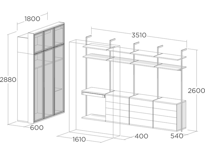 Схема открытой гардеробной с подсветкой