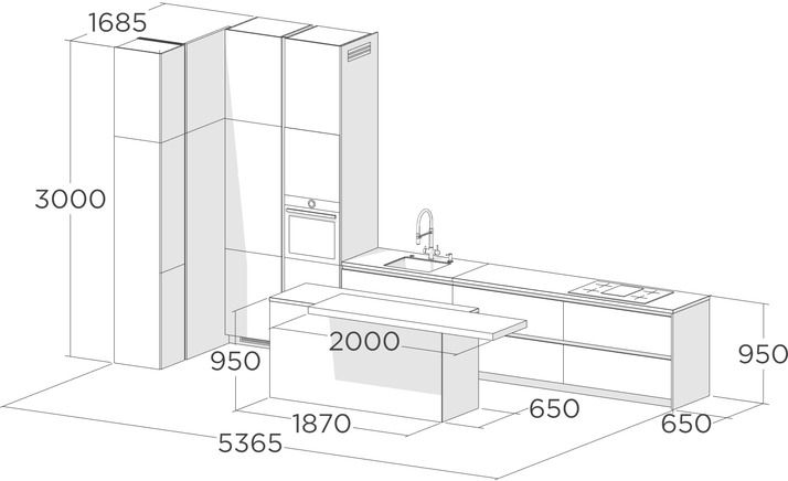 Схема кухни с островом без верхних модулей