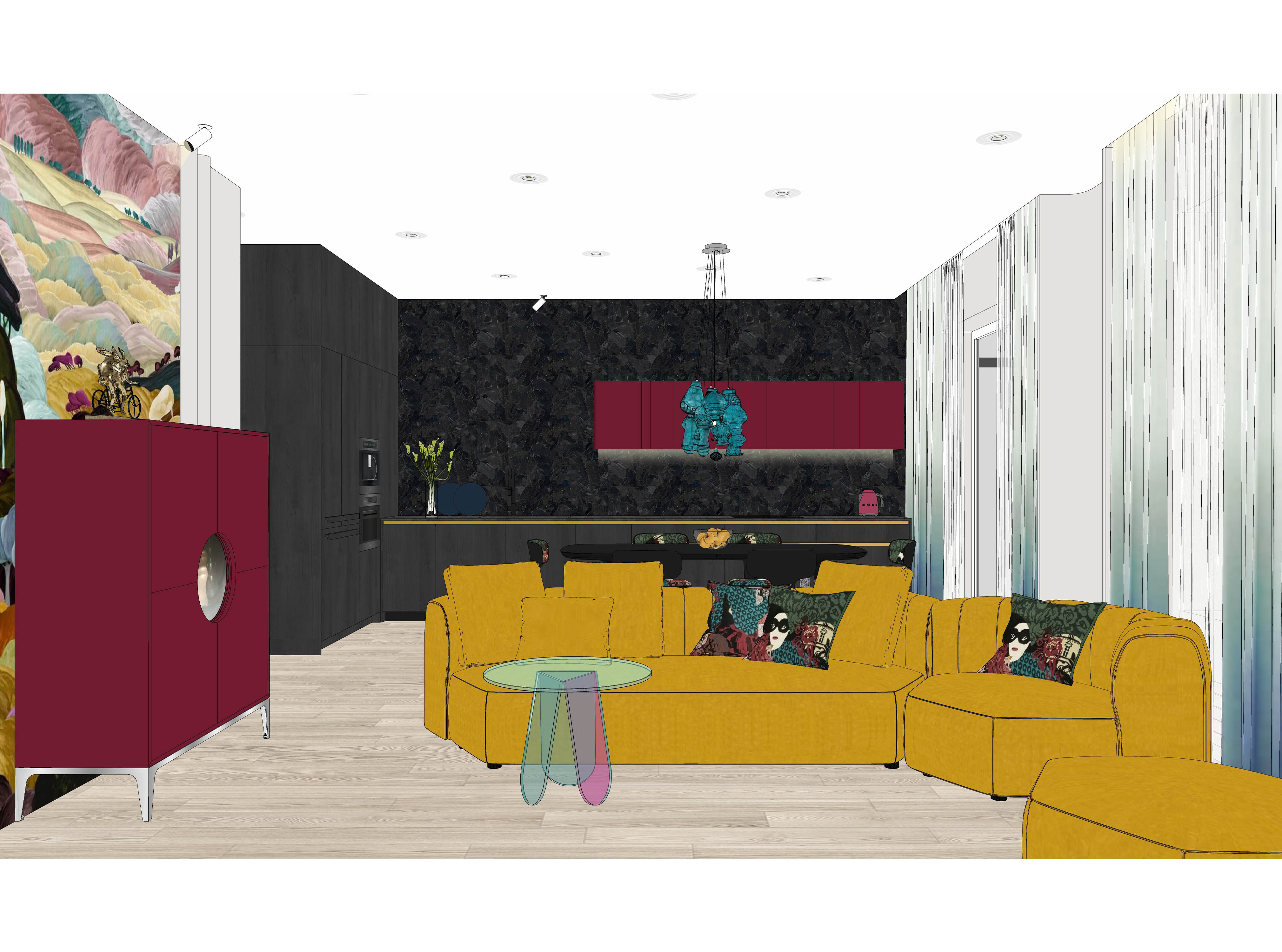 Дизайн кухни-гостиной в современном стиле и яркими цветами